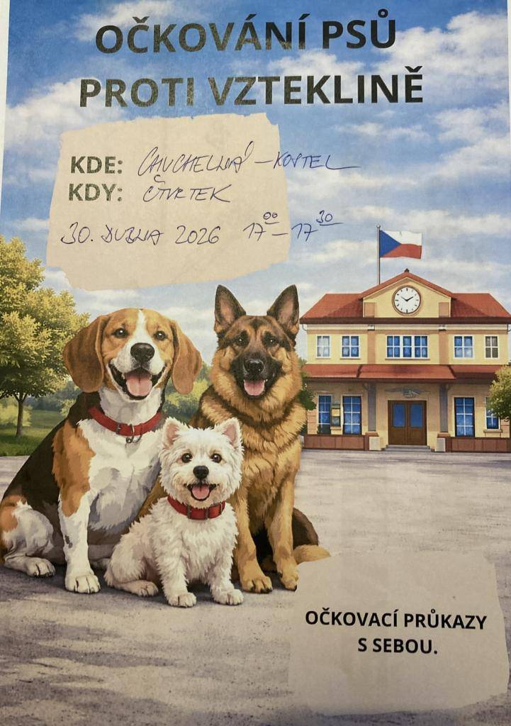 Očkování psů proti vzteklině proběhne v naší obci ve čtvrtek 30.04.2026 od 17:00 - 17:30 u kostela. Očkovací průkaz psa s sebou.