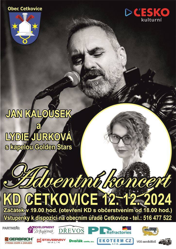 Kulturní dům 12.12.2024, Jan Kalousek s Lydií Jurkovou, předprodej vstupenek na OÚ Cetkovice