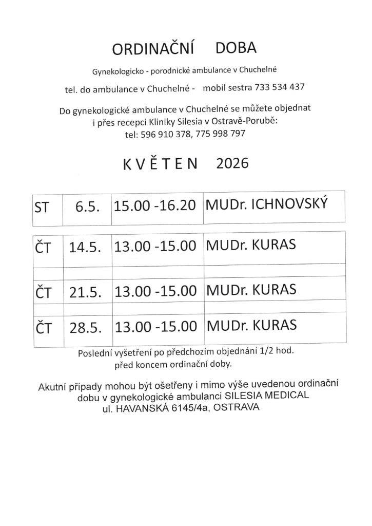 Ordinační doba - květen 2026 - Gynekologicko - porodnická ambulance Chuchelná
