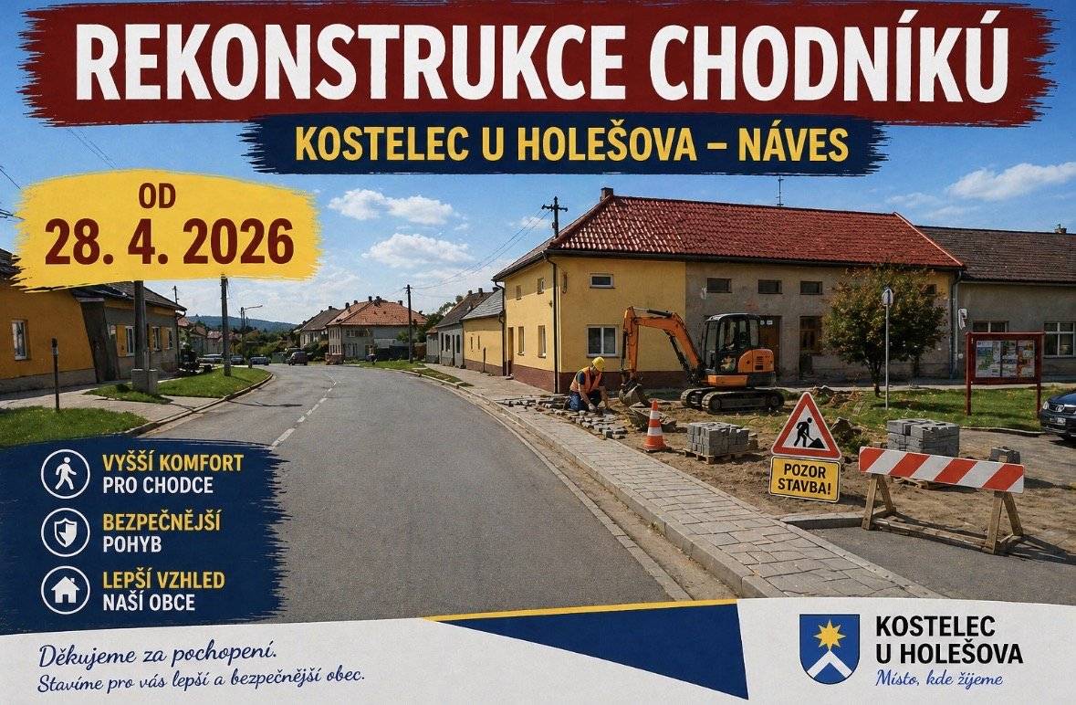 Dobrý den, 28.04.2026 bude zahájena rekonstrukce chodníku na návsi, od domu č.p.231 směrem k obchodu. Prosíme o omezení parkování na návsi a trpělivost.