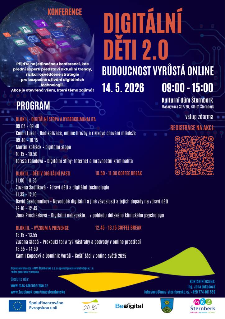 Přijďte na jedinečnou konferenci O DĚTECH 2.0, která se koná 9. května 2026 v Kulturním domě Šternberk. Akce se zaměří na důležitá témata týkající se využívání digitálních technologií a jejich vlivu na mladé lidi. Program zahrnuje přednášky od odborníků, kteří se budou zabývat otázkami jako jsou onl