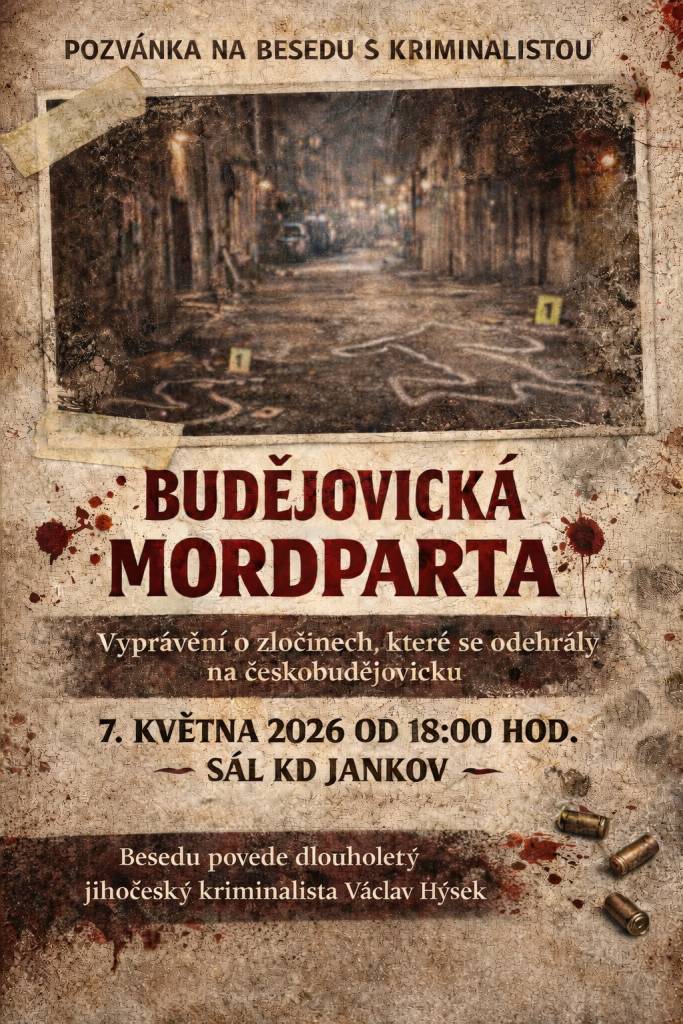 Upozorňujeme na besedu s jihočeským kriminalistou Václavem Hýsem, která se koná v úterý 3. května 2026 v místním kulturním centru. Akce je určena pro širokou veřejnost a nabídne pohled do zajímavého světa kriminalistiky.