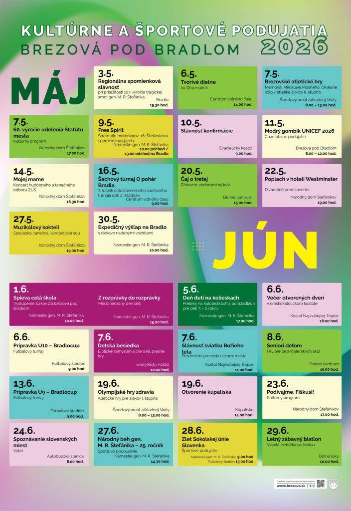 Mesto Brezová pod Bradlom pozýva širokú verejnosť na kultúrne a športové podujatia, ktoré sa budú konať v našom meste v mesiacoch máj a jún 2026.