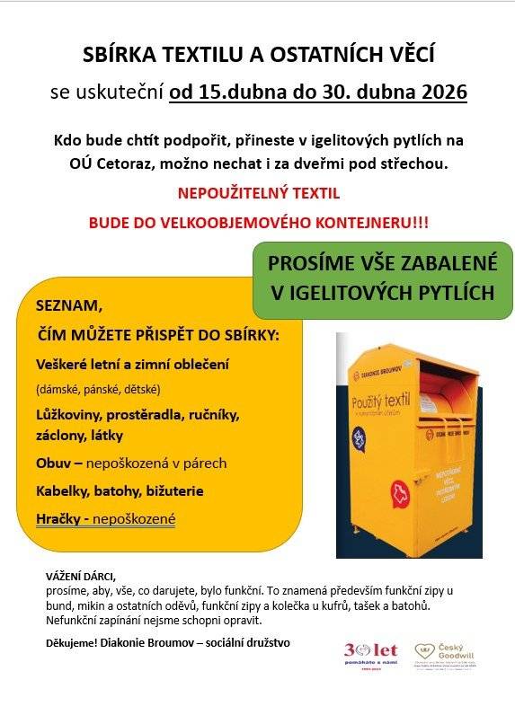 Vážení občané, probíhá sbírka textilu pro charitu Broumov do čtvrtka  30.4. 2026. Balte do krabic nebo pytlů, nechte pod přístřeškem obecního úřadu. (nevhazujte do kontejneru). Děkuji Monika Zemanová