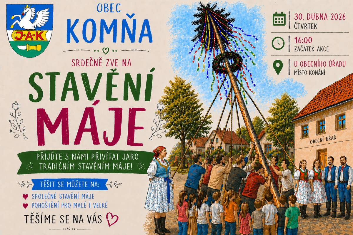 ve čtvrtek 30.4. 2026 - od 16:00 hod. u OÚ, od 17:00 hod. na fotbalovém hřišti