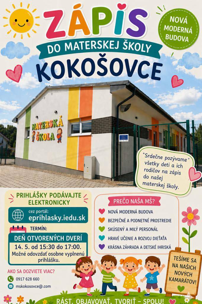 Srdečne pozývame všetky deti a ich rodičov na zápis do našej materskej školy. Prihlášky je možné podávať elektronicky alebo osobne, pričom deň otvorených dverí sa uskutoční 14. mája.