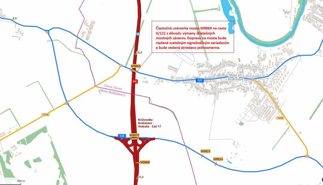 Správa ciest Bratislavského samosprávneho kraja začne v stredu 29.04.2026 s realizáciou výmeny dilatačných mostných záverov na moste M9869, ktorý je súčasťou cesty II/121 Bratislava Vrakuňa – Most pri Bratislave, v km 1,560 nad diaľnicou D4.