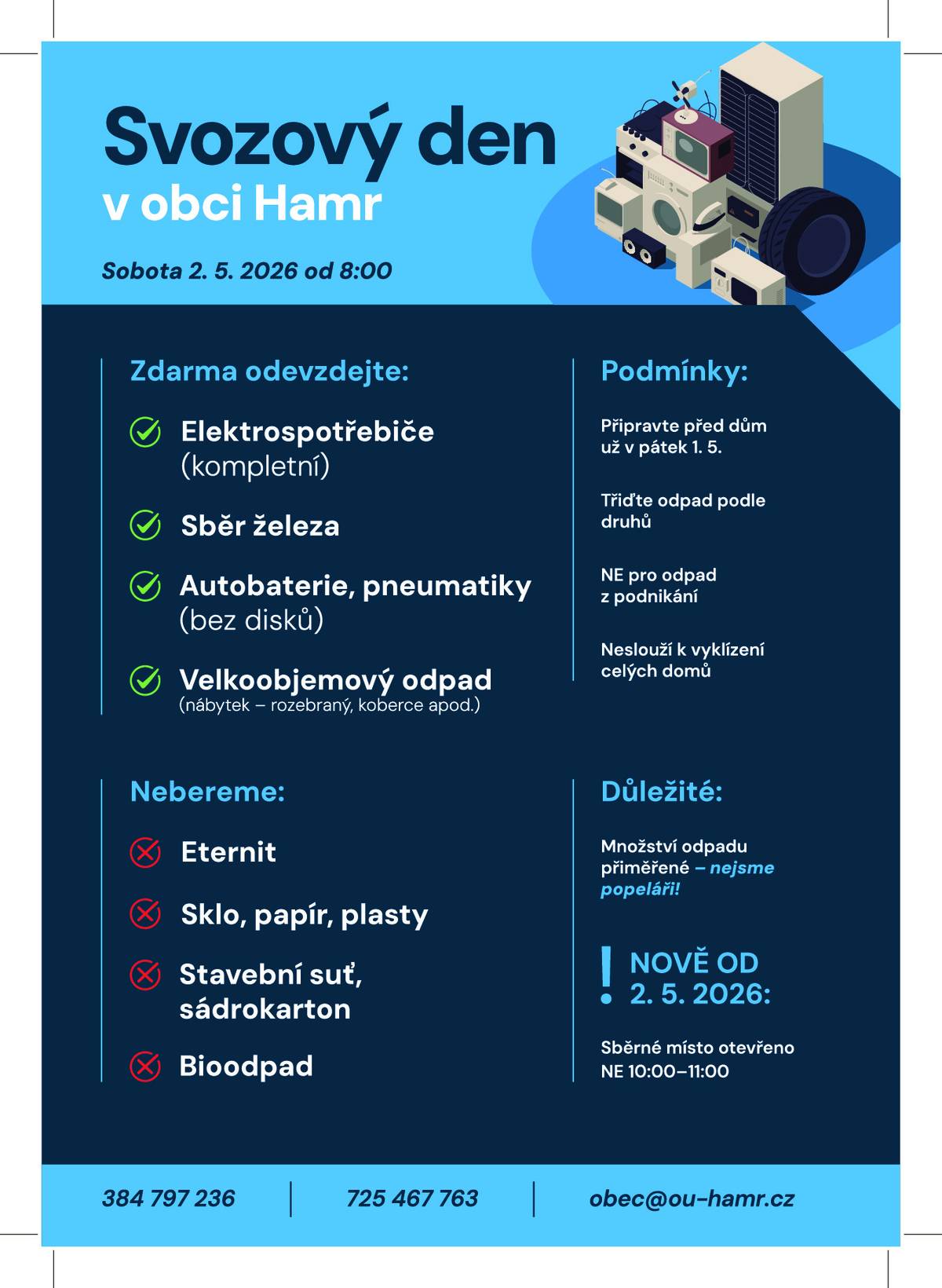 Dne 2.5.2026 proběhne od 8.00 svozový den. Odpad připravte před dům nejdříve 1.5.2026. Více informací naleznete na webu, FB a vývěsce. V případě jiných dotazů volejte 736 607 775. Hezký de