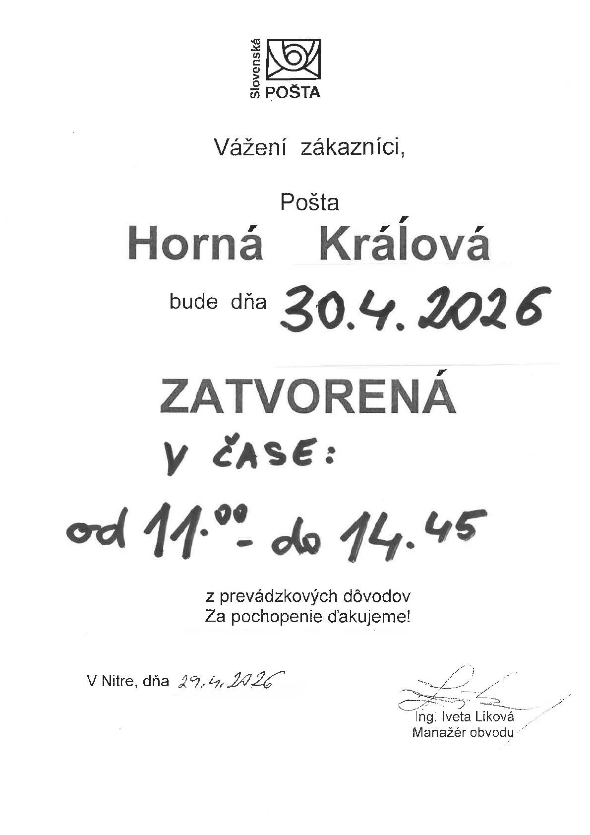 Pošta bude 30.4.2026 zatvorená od 11.00 do 14.45 hod z prevádzkových dôvodov.
