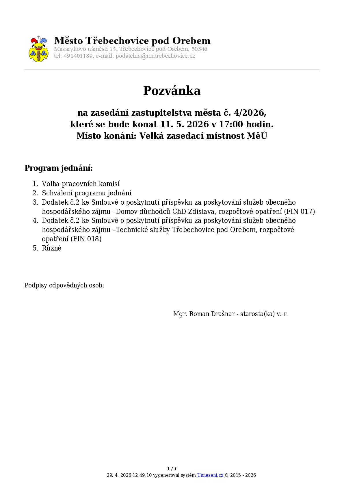 Pozvánka na zasedání zastupitelstva města