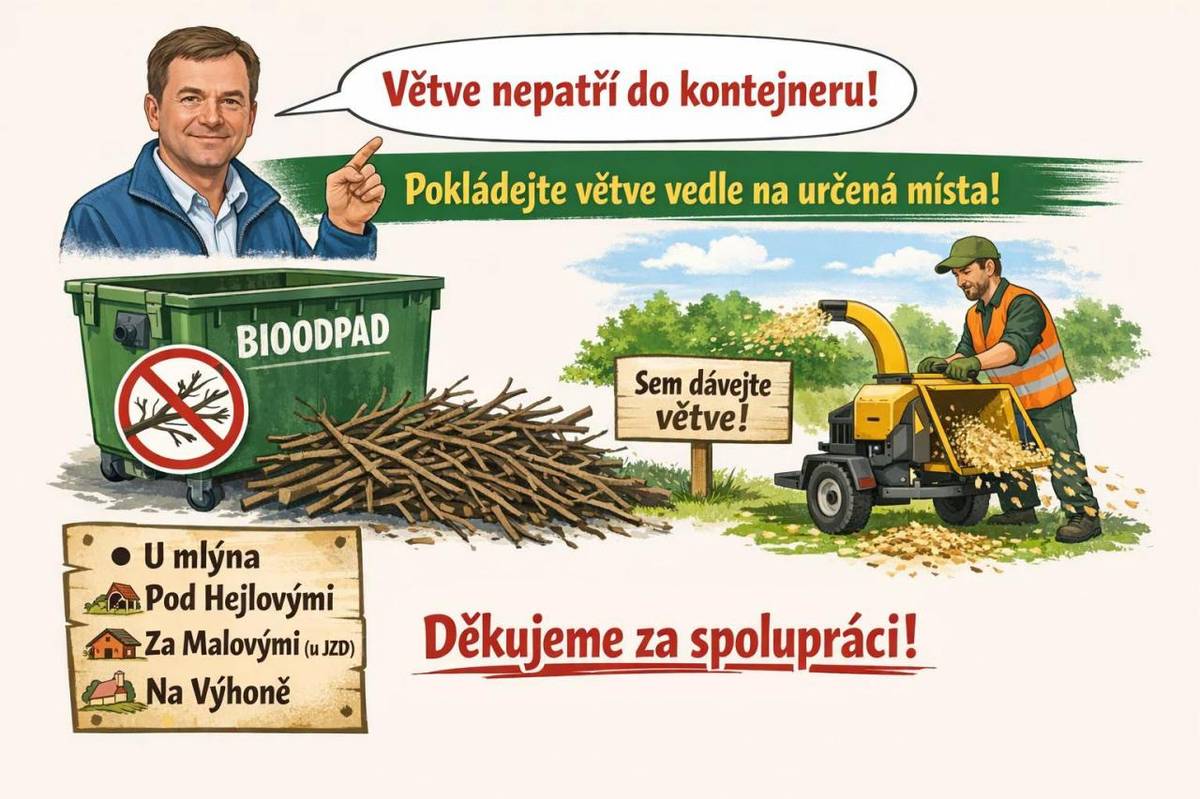 Pan místostarosta Petr Trojan prosí občany Březníka, aby větve z jarních prořezávek stromů neházeli do kovových kontejnerů na bioodpad, ale vedle nich na určená místa.
