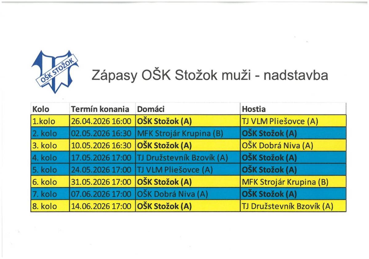 OŠK Stožok zverejnil rozpis zápasov na rok 2026. Fanúšikovia sú pozvaní prísť podporiť svojich hráčov na domácich a vonkajších stretnutiach.