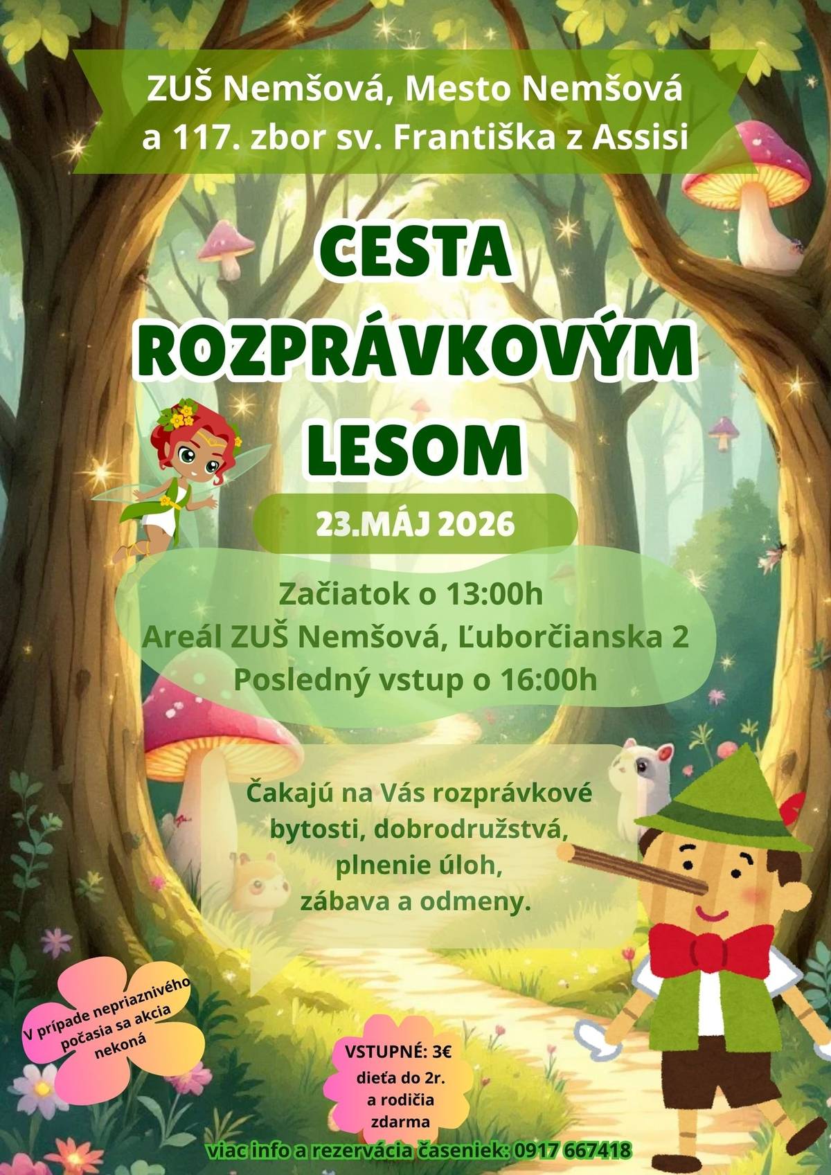 🧚♀️Preneste sa s nami do rozprávky...  🤩...v sobotu 23. mája 2026 Vás čarovným lesom prevedú bytosti, ktoré poznáte z príbehov...  🌞Deti v sprievode svojich blízkych absolvujú kreatívne stanovištia, na konci ktorých ich neminie odmena...   👣Rozprávková trasa bude značená od areálu základnej umeleckej školy, cez chmeľnicu a jazero...   🪄Strávte s nami kúzelné popoludnie...