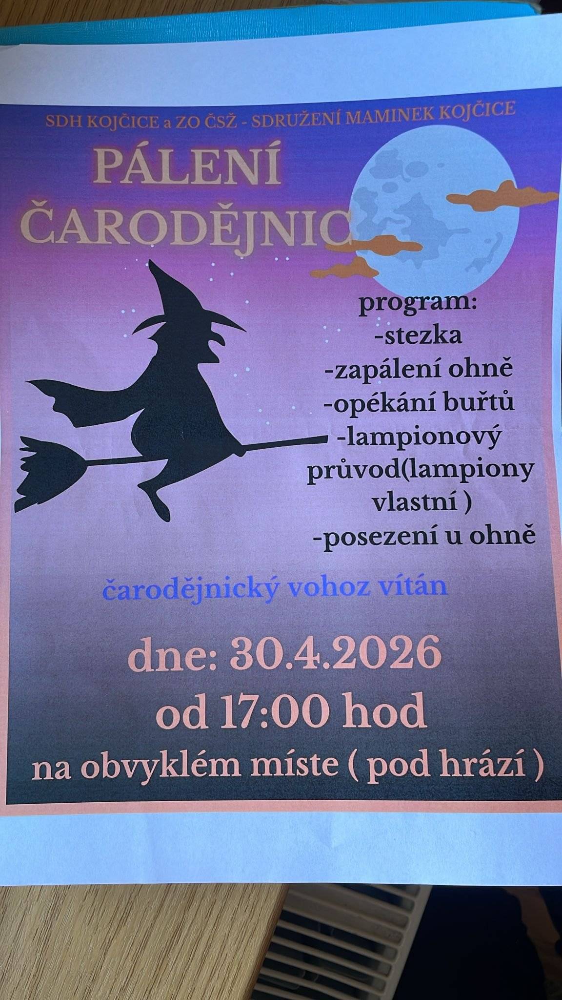 Tradiční "Pálení čarodějnic" 30. 4. 2026 v 17:00 hodin na obvyklém místě. U Kočerů pod hrází. Prosíme občany, aby dnes a zítra                 (29. a 30. 4. 2026) nevyváželi biodpad na skládku, plocha je vyčištěna a byli bychom vděčni, aby nám do zítřka vydržela bez odpadu. Děkujeme za pochopení.