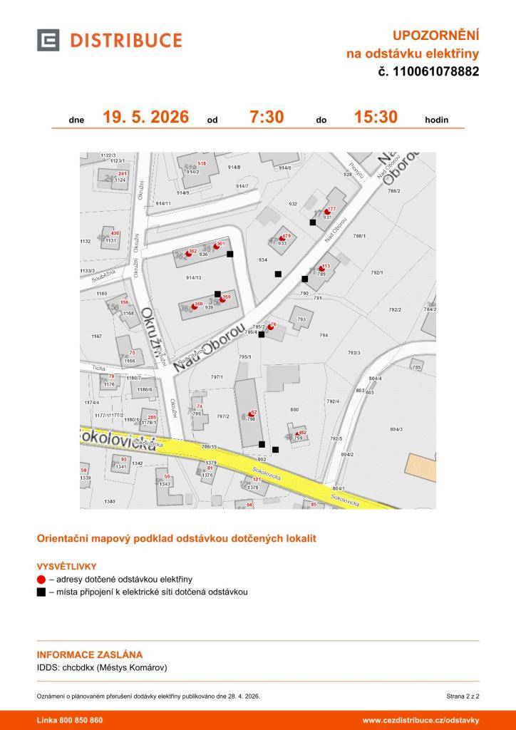 Úterý 19.5.2026 od 7:30 do 15:30, části ulic Nad Oborou, Okružní a Sokolovická.