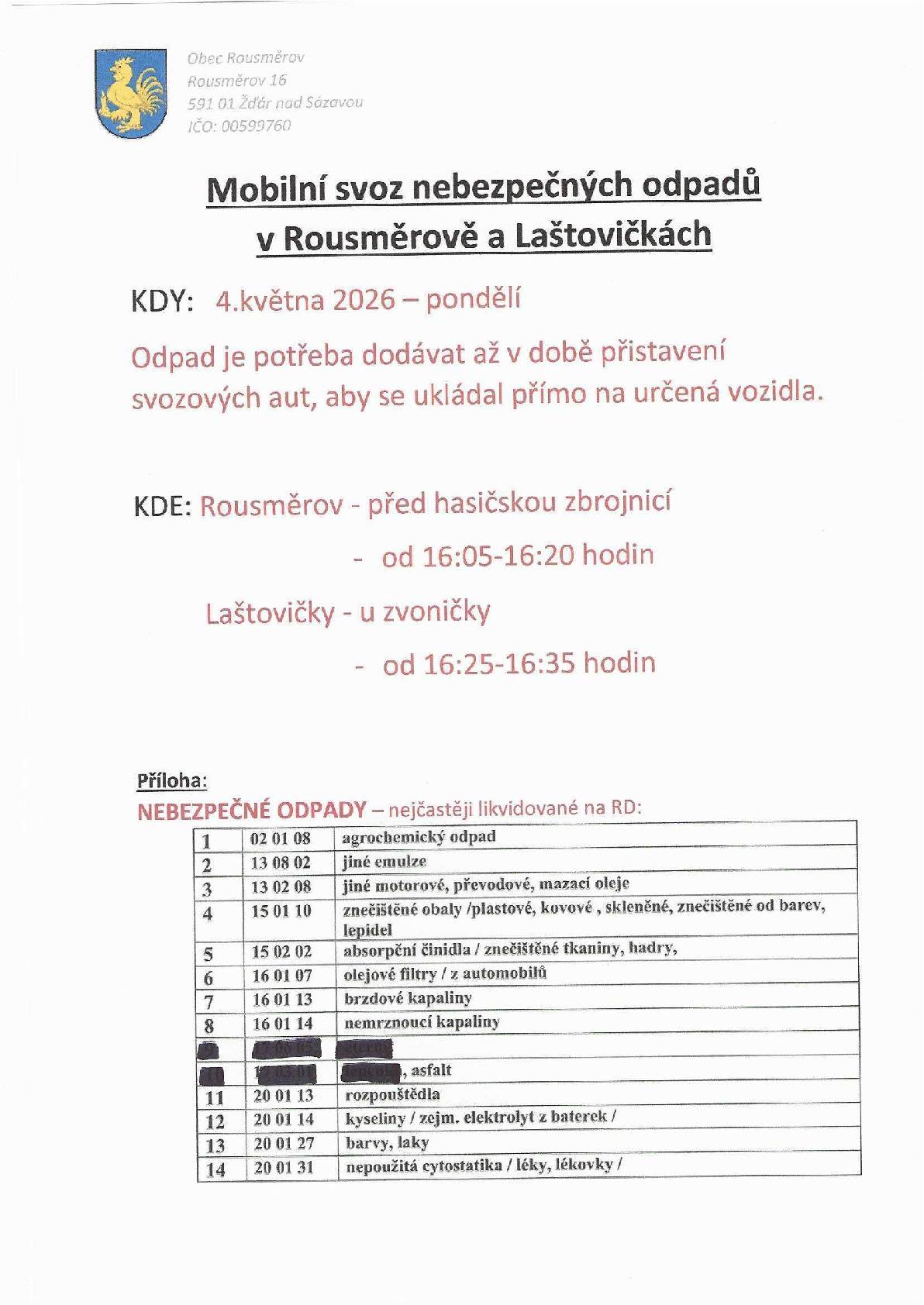 Mobilní svoz nebezpečného odpadu proběhne 4.května 2026 na obvyklém místě. Rousměrov 16:05 - 16:20 hodin Laštovičky 16:25 - 16:35 hodi