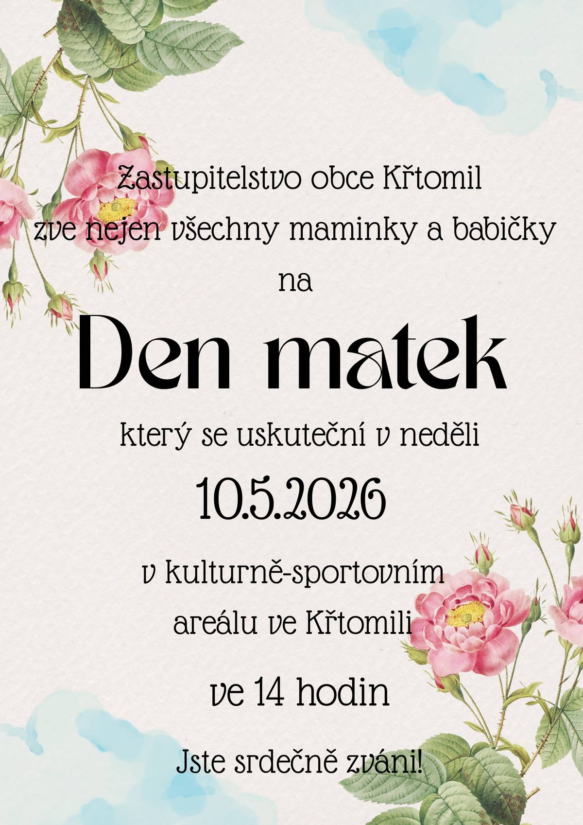 Neděle 10.5.2026 ve 14:00 hodin v kulturně-sportovním areálu