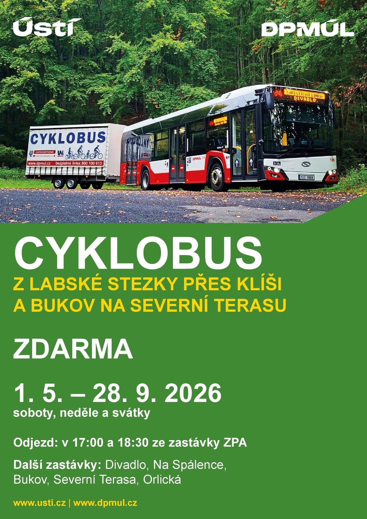 Bojujete po svém cyklovýletu s únavou a nezbývají Vám síly na průjezd městem domů? Využijte opět tradičních služeb cyklobusu z Labské stezky ZDARMA a pohodlně se dopravte do okrajových částí Ústí nad Labem. Spoje vyjíždějí dvakrát denně (v 17:00 a 18:30) o víkendech a státních svátcích ze zastávky ZPA. Na trase dále zastavují na zastávkách Divadlo, Na Spálence (Klíše), Bukov (naproti budově O2), Severní Terasa a Orlická. Provoz cyklobusu je plánován od 1. 5. do 28. 9. 2026. Dopřejte si pohodlný návrat z výletu bez zbytečné námahy. Cyklobus bezpečně přepraví Vás i Vaše kolo.