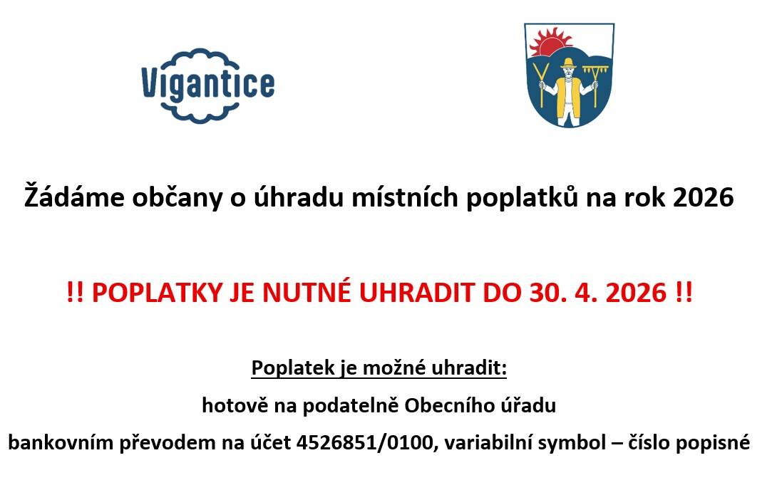 Žádáme občany o úhradu místních poplatků na rok 2026  Splatnost poplatků je do 30. 4. 2026!