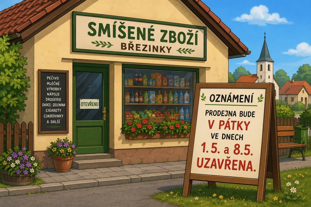 Místní prodejna smíšeného zboží oznamuje, že prodejna bude v pátky ve dnech státních svátků 1.5. a 8.5. 2026 uzavřena. -JW-
