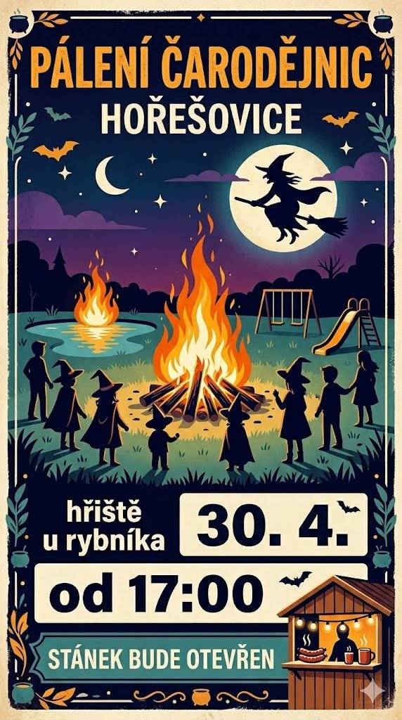 Zveme vás na tradiční pálení čarodějnic 30.4. od 17:00 na hřišti u rybníka. Stánek bude otevřen.