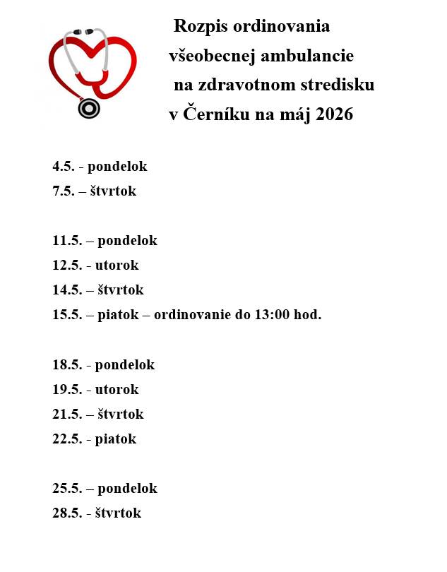 Rozpis ordinovania lekárov všeobecnej ambulancie na máj 2026