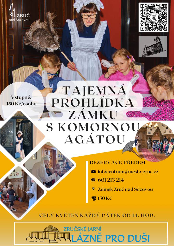 Tajemné prohlídky v zámku s Komornou Agátou na vás čekají každý květnový pátek. Speciální prohlídka navržená přímo pro děti se koná celý květen od 14:00 hod. Děti si zkusí přiložit do kamen, psát husím brkem a také si vyzkouší královskou korunu. Cena je nyní 150 Kč za dítě.