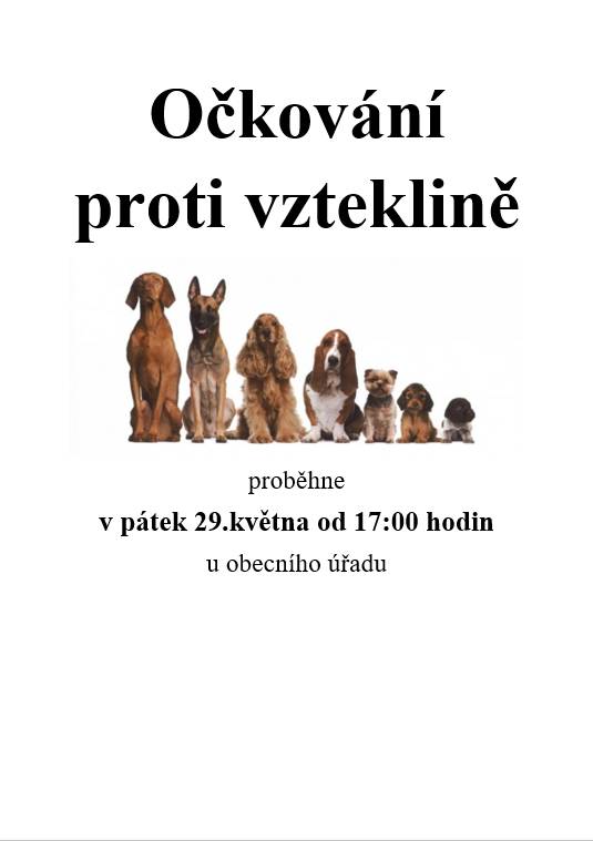 Očkování proti vzteklině proběhne v pátek 29.května od 17:00 hodin u obecního úřadu