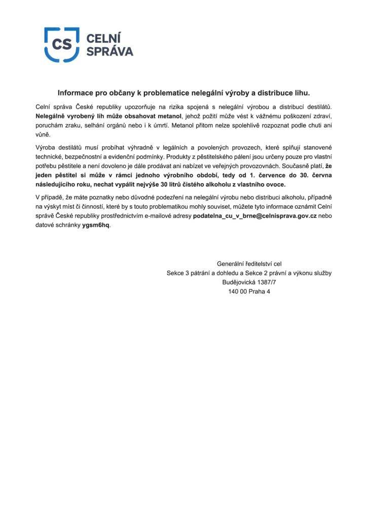 Informace pro občany k problematice nelegální výroby a distribuce lihu