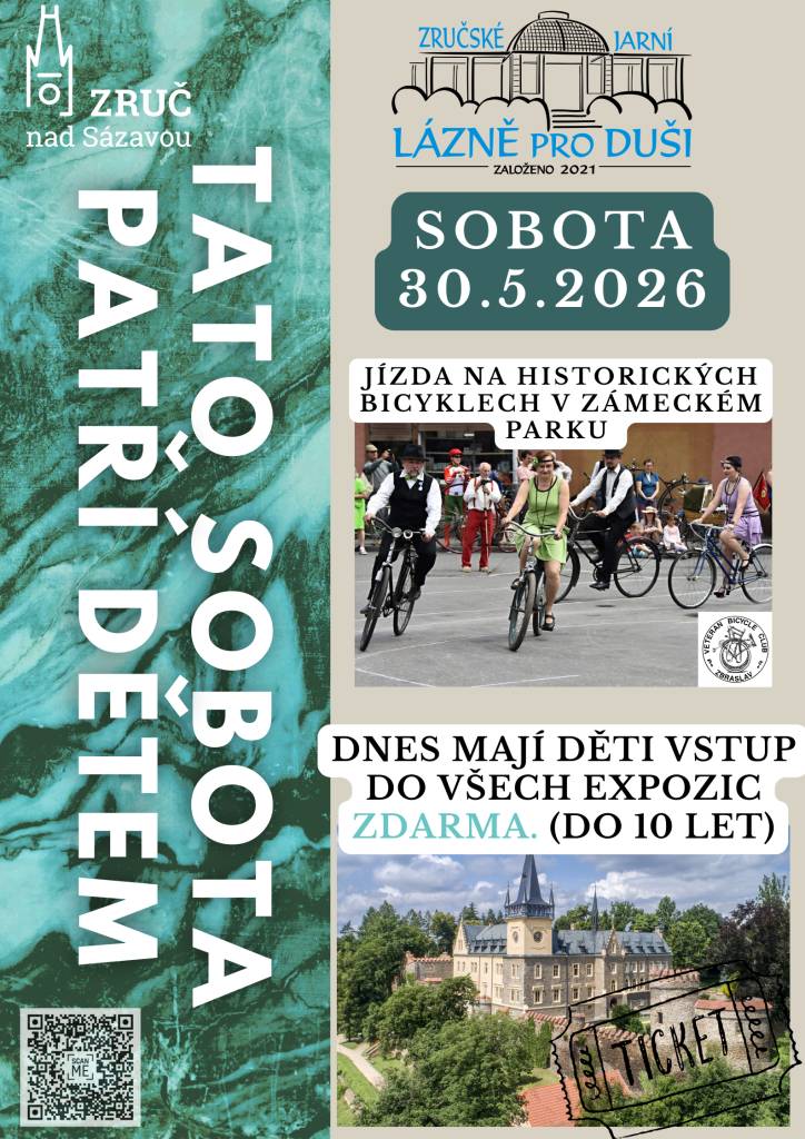 V sobotu 30. května 2026 zveme všechny malé návštěvníky na výjimečný den – děti do 10 let mají vstup do všech expozic zdarma. A to není všechno! V zámeckém parku se můžete těšit na jedinečnou jízdu na historických bicyklech, která nadchne malé i velké návštěvníky.