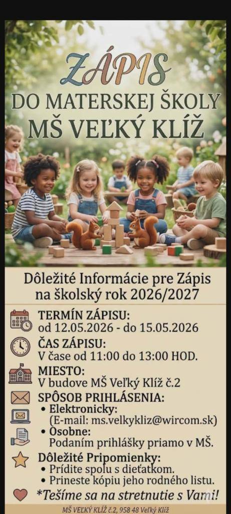 Zápis detí do MŠ Veľký Klíž