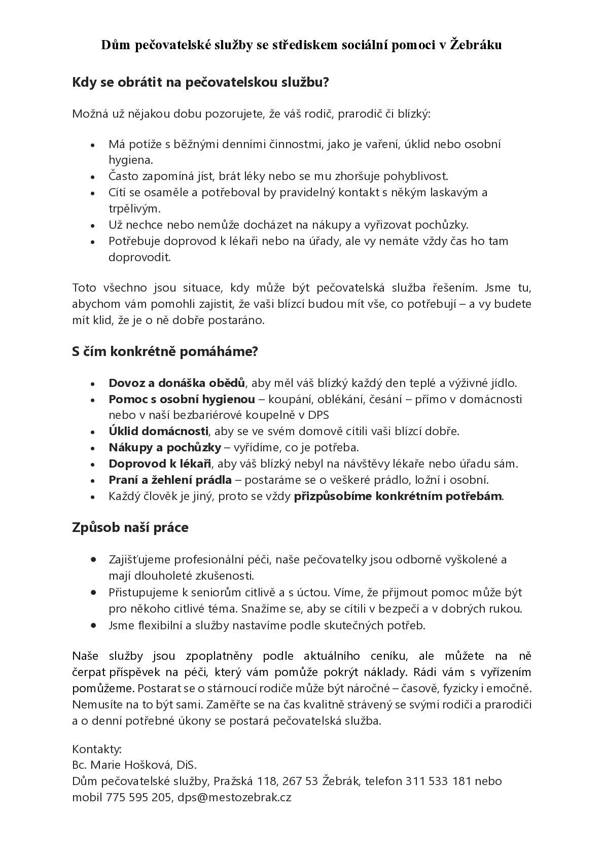 Informace o pečovatelské službě 2026