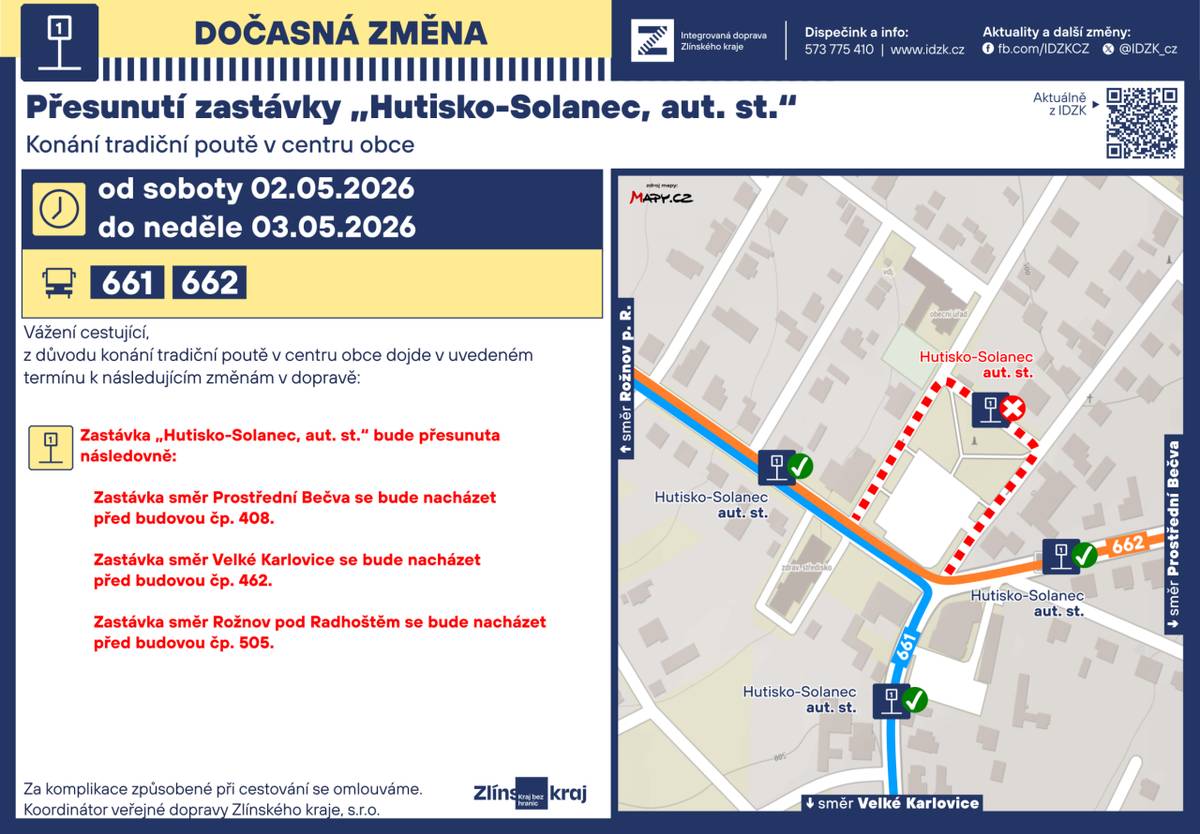 KOVED informuje o dočasném posunu autobusové zastávky "Hutisko-Solanec, aut.st." v sobotu 2. a v neděli 3. května z důvodu konání poutě v centru obce.