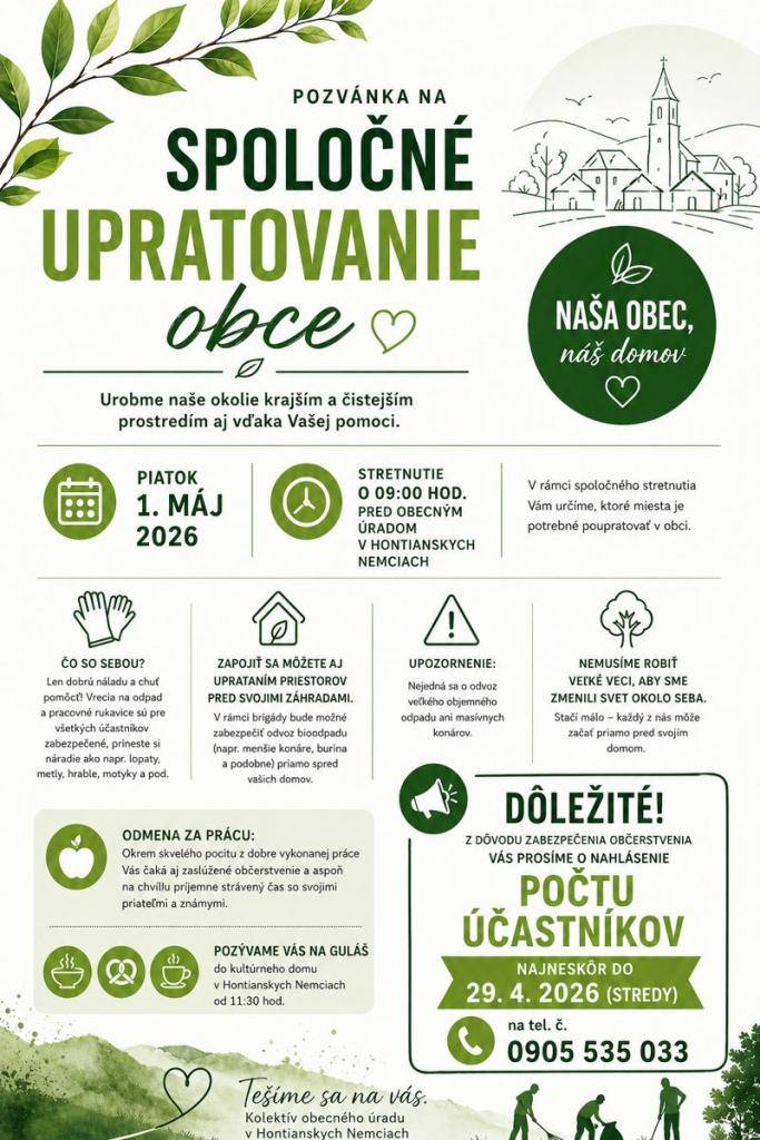 Kedy? Piatok 1. máj 2026    ⏰ Stretnutie o 09:00 hod. pred obecným úradom v Hontianskych Nemciach
