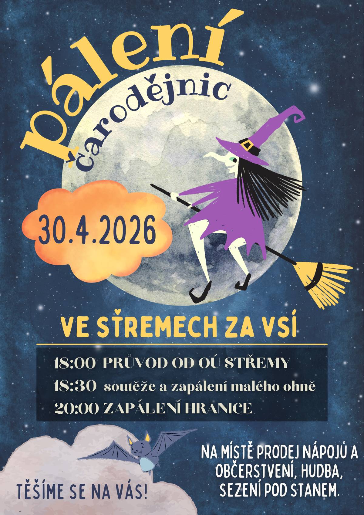 Již ve čtvrtek se uvidíme na pálení čarodějnic, má být krásné počasí, tak doražte opéct buřta, popovídat se sousedy, děti zasoutěžit i tvořit. Těšíme se na Vás! :)