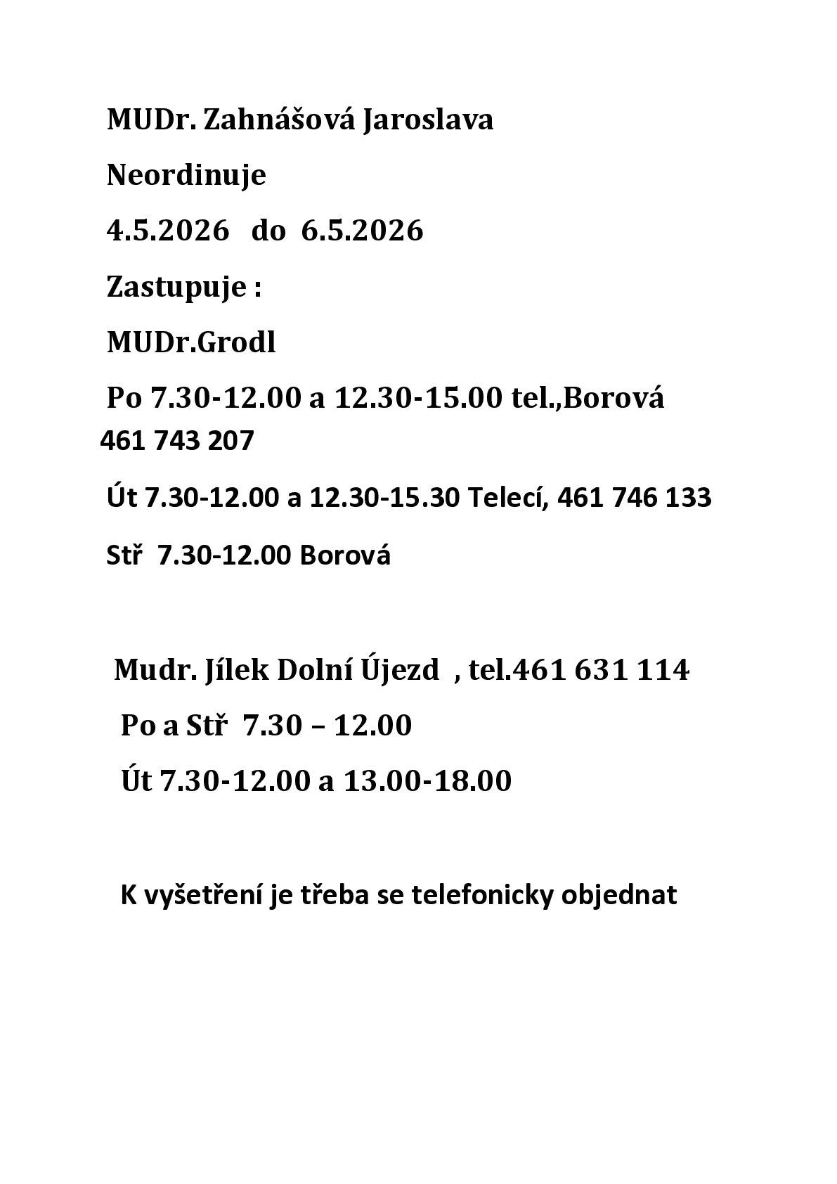 MUDr. Zahnášová Jaroslava neordinuje od 4.5.2026 do 6.5.2026.