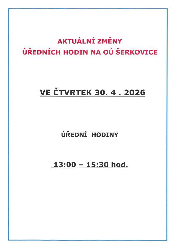 Změna úředních hodin OÚ Šerkovice