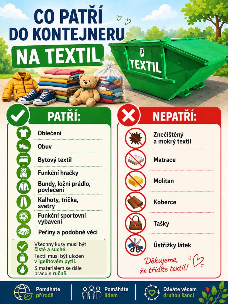 V areálu sběrného dvora je umístěn kontejner na textil.  Na přiloženém plakátku je uvedeno, co lze do tohoto kontejneru odkládat a co nikoliv.  Děkujeme, že třídíte odpad!