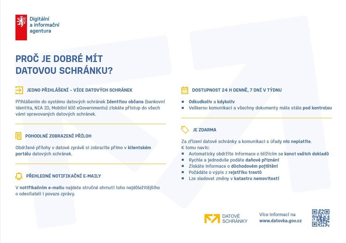 Vážení občané,  zřiďte si Datové schránky a komunikujte s úřady jednoduše a zdarma. Přístup máte odkudkoliv, kdykoliv a všechny důležité dokumenty máte přehledně na jednom místě.