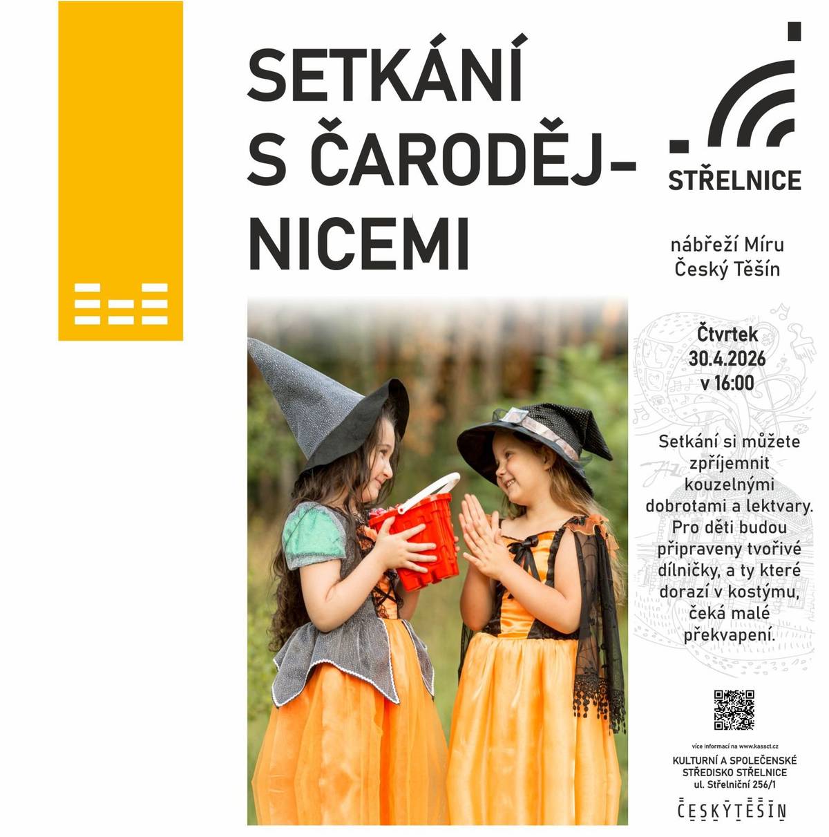 V předvečer magické noci ve čtvrtek 30. 4. 2026 se čarodějnice opět slétnou na nábřeží Míru u KaSS „Střelnice“. Setkání si můžete zpříjemnit kouzelnými dobrotami a lektvary. Pro děti budou připraveny tvořivé dílničky, a ty které dorazí v kostýmu, čeká malé překvapení.