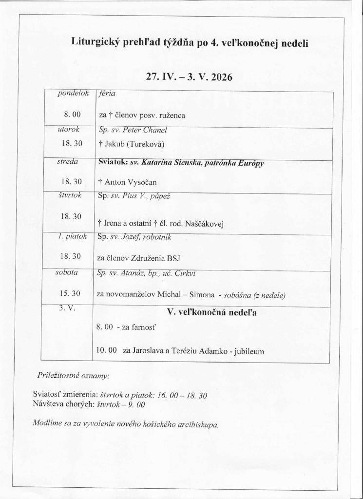 Liturgický prehľad sv. omší od 27.4.2026 do 3.5.2026