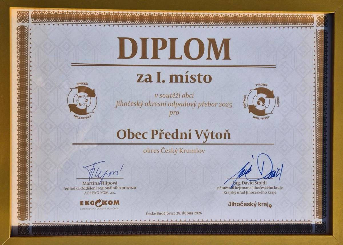 Obec Přední Výtoň získala 1. místo v Jihočeském okresním odpadovém přeboru 2025 v okrese Český Krumlov. Děkujeme všem občanům za zodpovědné třídění – bez Vás by tohoto úspěchu nebylo možné dosáhnout.
