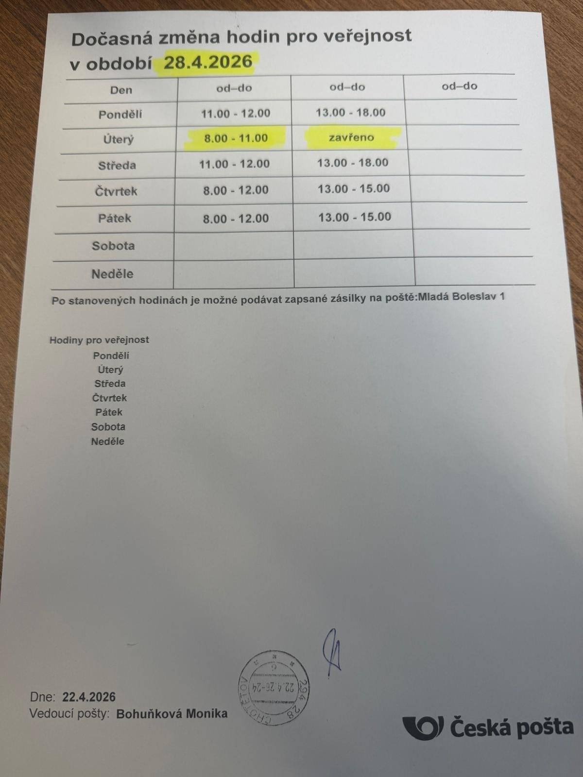 🔊Informace občanům: 📯 Pošta v Chotětově bude v úterý dne 28.4.2026 odpoledne uzavřena ❌.
