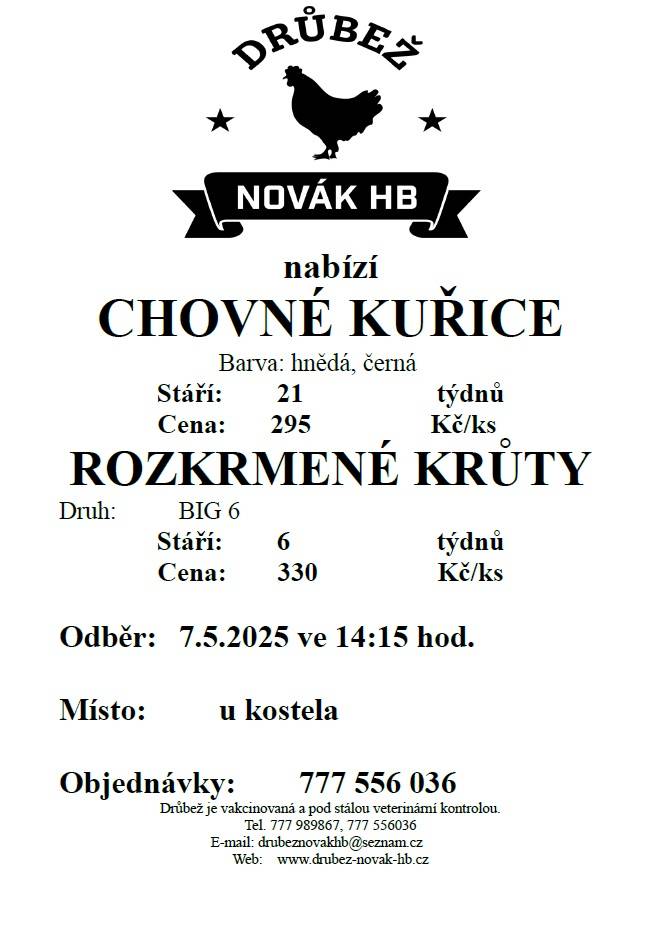 Drůbež Novák HB s.r.o.- drůbežárna Mírovka, prodává ve čtvrtek 7. května ve 14:15 hodin u kostela v Radnicích, nosné kuřice  stáří 21 týdnů, cena 295 Kč za kus a rozkrmené krůty stáří 6 týdnů, cena 330 Kč za kus.