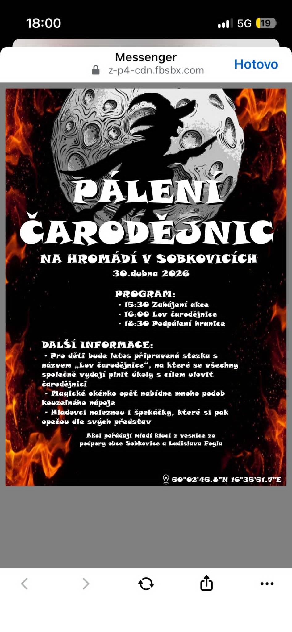 Dne 30.4.2026 od 18:30 se na Hromádí koná tradiční pálení čarodějnic. Občerstvení zajištěno, všichni jsou vítáni.