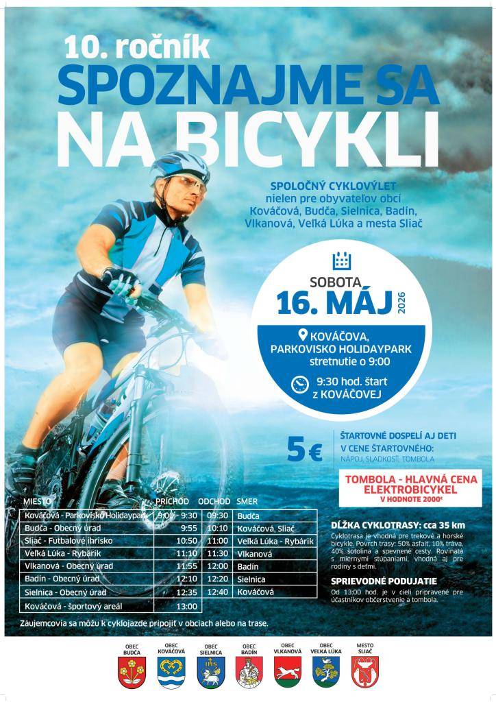 16.mája 2026 so štartom v obci Kováčová, ale pridať sa môžete aj v jednotlivých obciach. Tešíme sa na vás!