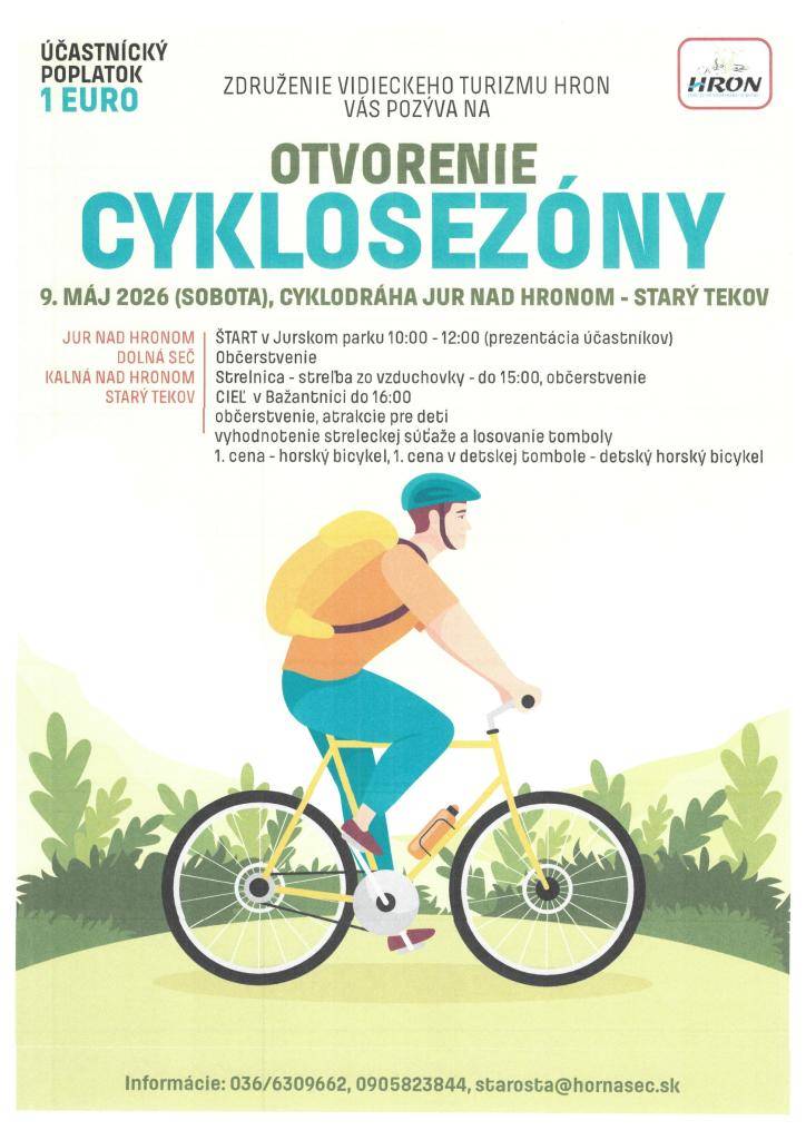 ZDRUŽENIE VIDIECKEHO TURIZMU HRON VÁS POZÝVA NA  OTVORENIE CYKLOSEZÓNY   9.MÁJ 2026 (ŠTVRTOK) CYKLODRÁHA JUR NAD HRONOM-STARÝ TEKOV