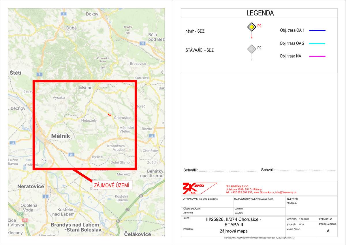 Z důvodu opravy bude úplná uzavírka komunikace II/274 Chorušice.                                    od 18.5.2026 do 7.6.2026 Objízdná trasa 1 - sil. II/273 směr Mšeno -> sil. III/25928 -> sil. III/25926 směr Chorušice, nebo pokračovat po sil. III/25928 ve směru na Hradiště -> sil. III/2742 směrem na Mělnické Vtelno. Dále dle  SZ. Protisměr obdobně Objízdná trasa 2 - sil. II/273 ve směru na Mělník -> sil. III/27317 směr Řepín -> sil. I/16 ve směru na Mělnické Vtelno. Dále dle SZ. Protisměr obdobně. Objízdná trasa pro NA - sil. II/273 ve směru na Mělník dále po sil. I/9 a I/16 směr Mělnické Vtelno. Dále dle SZ. Protisměr obdobně