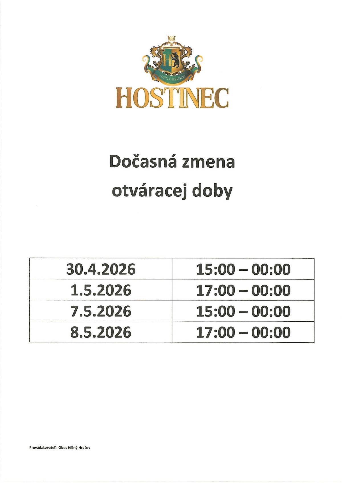 Dočasná zmena otváracej doby v Hostinci.