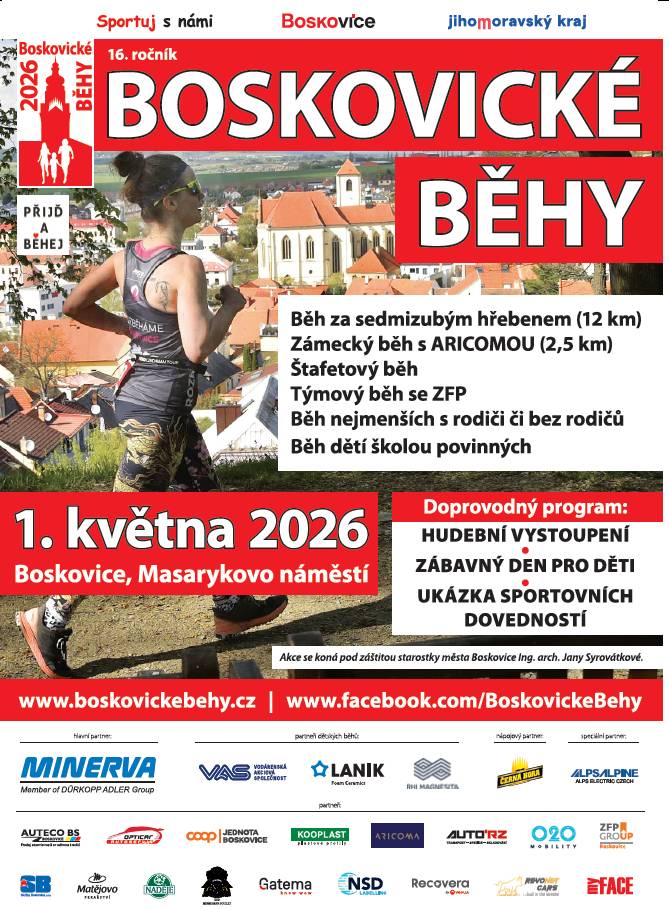 Zveme všechny sportovce, rodiny s dětmi i rekreační běžce na tradiční sportovně-kulturní akci Boskovické běhy, které se konají v pátek 1. května 2026.